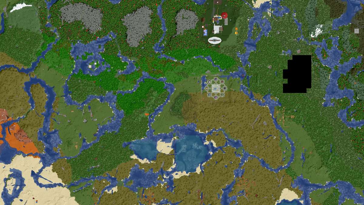 Aperçu de la carte vue de dessus : forêts, rivières, l'arène au centre